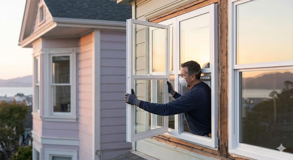 This visual, showing a worker installing a clean, new window into a focused older Bay Area Victorian, illustrates the specific opportunity and success of retrofitting pre-1980 homes with energy-efficient tech.